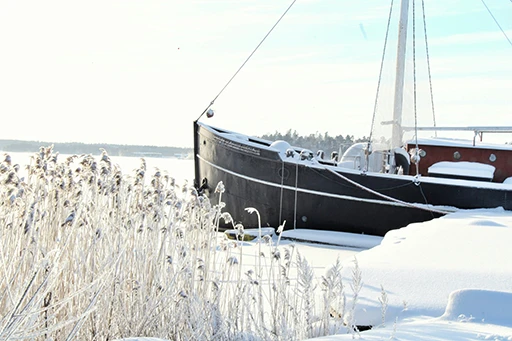 Boat shrink-wrapped and winterized for off-season storage